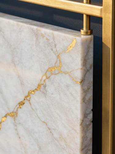 Close-up of premium architectural materials, polished white marble slab with golden veins next to brushed brass details, soft natural lighting