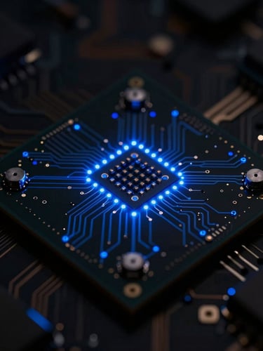 Macro photograph of a secure cryptographic silicon processor, sharp blue LED light tracing the circuits, dark high-contrast obsidian background, technical depth of field