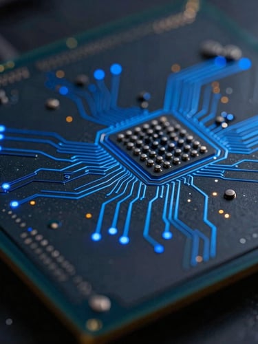 Macro photograph of a high-end silicon processor wafer, deep obsidian tones, sharp blue LED light paths tracing micro-circuits, technical depth of field