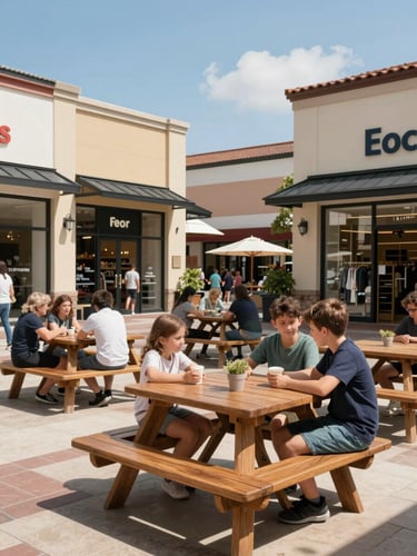 Eye-level daylight shot of families sitting at wooden picnic tables in an outdoor shopping courtyard, storefronts in background under a bright blue sky.