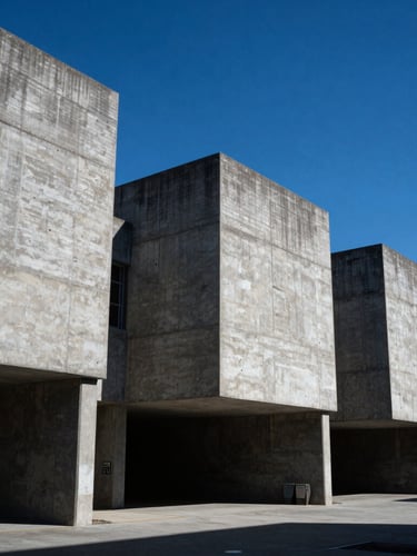 Wide low-angle shot of brutalist concrete architecture in Eagle Mountain under hard direct sunlight, sharp shadows, cool gray and deep blue color cast.