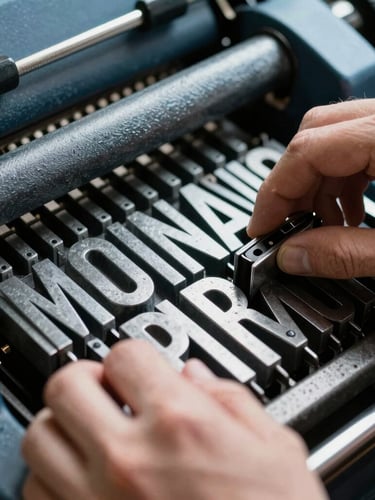 Close-up of hands arranging sharp metal typography blocks on a letterpress machine, hard direct sunlight, deep shadows, highly detailed texture, cool charcoal tone.