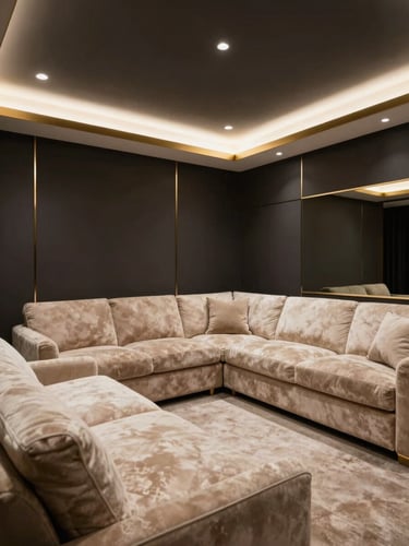 Wide cinematic view of a luxurious private consultation room, deep charcoal walls, champagne gold accents, soft ambient lighting, empty plush seating.