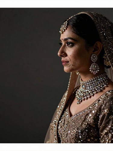 Cinematic wide shot of a modern royal Indian bride in profile, wearing a heavy brilliant-cut diamond choker, dramatic chiaroscuro studio lighting, negative space on the left, dark charcoal background.