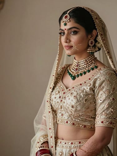 Regal portrait of an Indian bride in an ivory silk lehenga, adorned with heavy antique Polki and Kundan choker, soft diffused side lighting, editorial composition, negative space on the left.