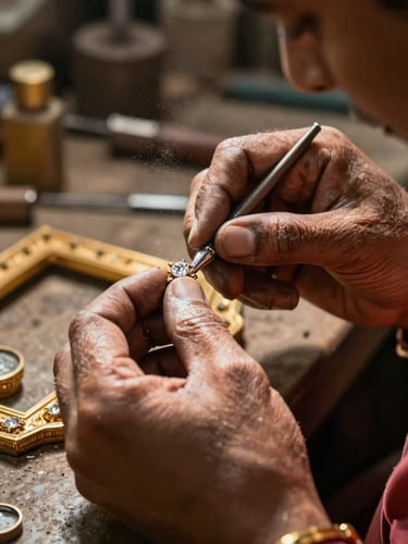 Close-up of master artisan hands carefully setting a Polki diamond into a golden frame, dust particles in sunbeam, warm heritage workshop environment.