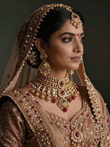 Cinematic portrait of a royal Indian bride in profile, wearing heavy gold and Polki chokers, soft diffused side lighting, deep charcoal background, editorial composition.