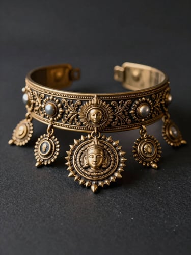 Editorial crop of a bridal choker featuring intricate temple motifs, deep charcoal background.