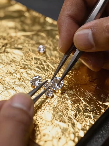 Extreme macro shot of uncut Polki diamonds being set into 24-karat gold foil by a master artisan, dramatic chiaroscuro studio lighting highlighting the gold texture.