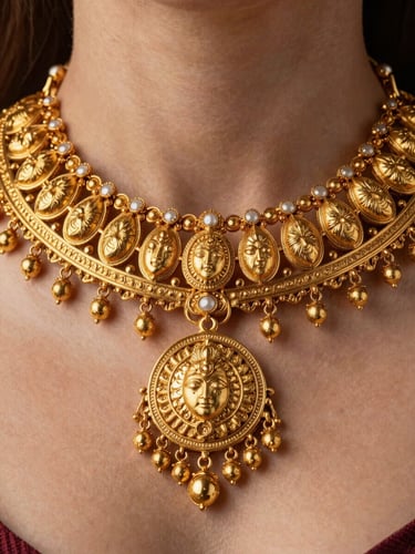 Extreme macro shot of a hand-carved solid gold bridal necklace, showcasing intricate kundan settings and textured gold grain under soft side lighting