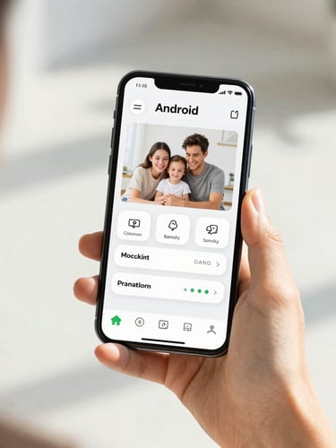 Over-the-shoulder shot of a hand holding a modern Android phone displaying a clean, highly accessible family application interface with bright daylight and soft shadows.