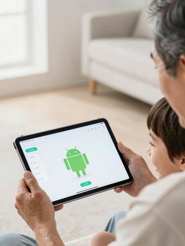 Over-the-shoulder shot of a grandfather and child laughing while interacting with a brightly lit Android tablet interface, soft natural daylight, minimalist home setting