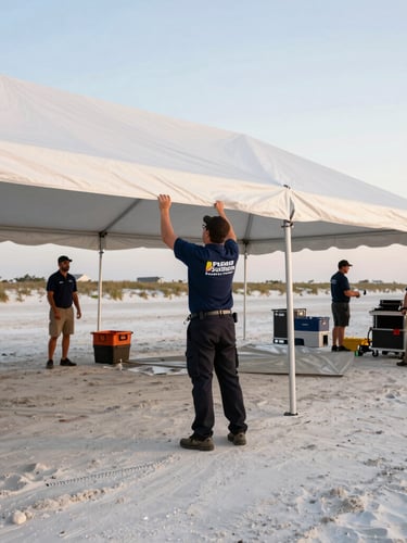 A professional, uniformed Premier Southern Events crew member actively setting up a large structural tent on a sunny Gulf Coast day, focused and precise, with other team members and equipment in the background. Bright editorial photography, crisp coastal daylight, wide-angle, clean composition.