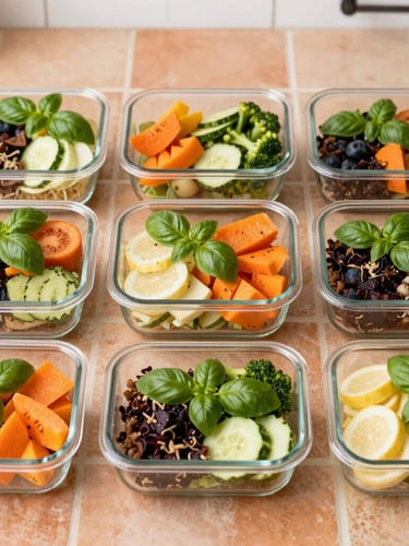 Overhead flat-lay of neatly organized glass meal prep containers filled with colorful healthy food, fresh basil leaves, warm terracotta tiles, bright afternoon daylight