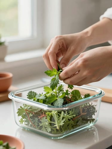 Close-up of hands placing fresh herbs into a glass meal prep container, soft natural window light, warm terracotta accents