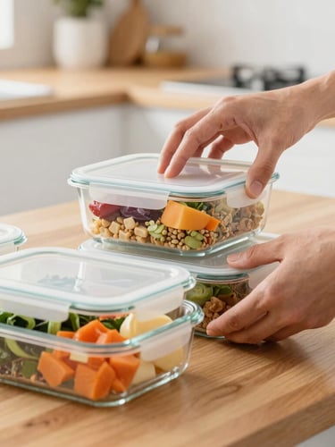Close-up of hands neatly organizing glass meal prep containers filled with colorful healthy food on a clean wooden kitchen counter, bright natural daylight, 35mm