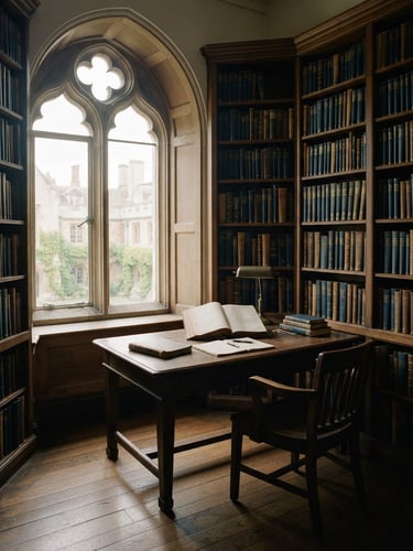 A quiet classical university library alcove with sunlight streaming through arched windows, casting soft shadows on organized wooden desks and scholarly books, 35mm lens, soft daylight