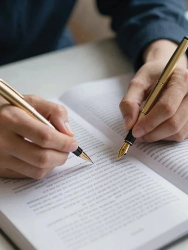 A close-up of hands annotating a dense academic manuscript with a gold fountain pen, soft diffused daylight illuminating high-quality paper, organized workspace, quiet scholarly atmosphere