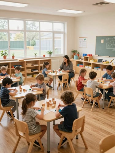 Wide interior shot of a bright play school classroom during active morning session, children seated at low tables working with wooden blocks and art materials, north-facing windows flooding the room with cool natural daylight, educator crouched attentively beside a small group, warm wood floors visible, no posed subjects