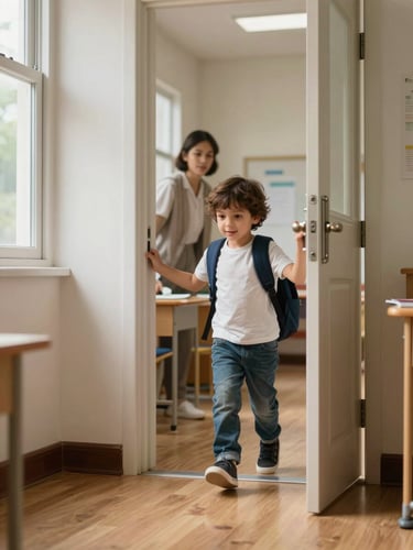Close editorial frame, natural north-facing window light streaming in from the left, a young child around age three stepping through an open classroom doorway, small backpack visible, a teacher's hand resting on the door frame in the background — warm hardwood floor in foreground, soft depth of field on the hallway beyond