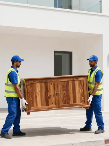 Medium shot of two professional uniformed waste removal crew members carefully carrying a large wooden cabinet out of a modern Dubai villa, bright daytime lighting, 35mm