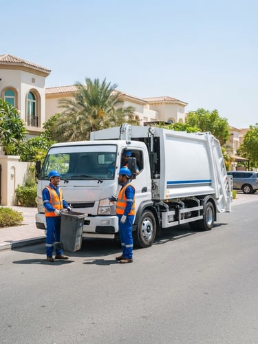 A clean white branded rubbish removal truck parked in a bright Dubai residential street, uniformed crew members standing next to it, high-key midday sunlight, 35mm