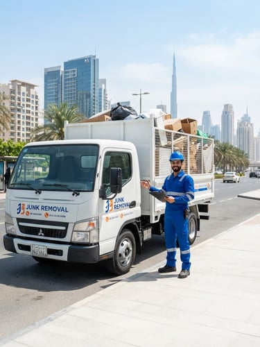 Wide shot of a clean, branded white junk removal truck parked on a modern Dubai street, professional uniformed crew member standing beside it under bright midday sunlight, sharp focus, 35mm