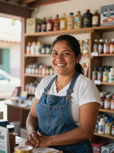 Medium shot of a Salvadoran micro-business owner smiling inside her local store, bright warm natural daylight, focus on her face.