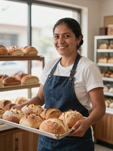 A warm daylight medium shot of a Salvadoran female entrepreneur smiling in her local bakery, holding a tray of fresh bread, natural window lighting.