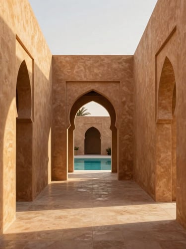 Symmetrical architectural shot of a minimalist Marrakech villa hallway, warm golden light casting long shadows on sand-colored plaster walls, pristine plunge pool visible, high-end luxury.