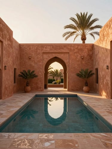Symmetrical architectural shot of a minimalist Marrakech villa courtyard at golden hour, warm light on terracotta plaster walls, pristine pool reflecting palm trees, 35mm lens.