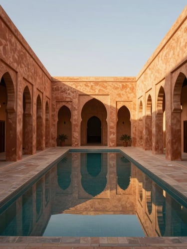 Symmetrical architectural view of a luxury riad courtyard in Marrakech, warm golden-hour light reflecting on a pristine pool, terracotta walls, minimalist luxury, 35mm lens