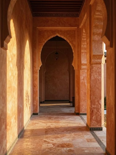 Symmetrical architectural view of a luxury riad hallway in Marrakech, warm golden hour light reflecting on polished tadelakt walls, terracotta tones, 35mm lens.