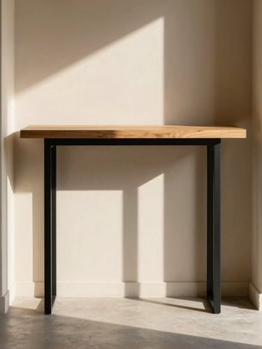 Straight-on architectural crop of a slim oak console table with matte black steel legs in a narrow hallway, hard afternoon sunlight casting graphic shadows, 50mm.
