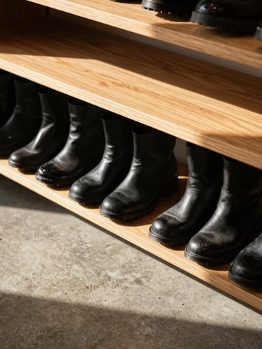 Flat elevation close-up of wet boots neatly aligned on a warm oak shoe bench, hard directional afternoon sunlight, graphic shadows on a concrete floor, 50mm.