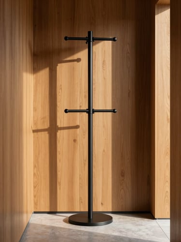 Straight-on architectural crop of a matte black double-rod coat tree in a narrow hallway, hard directional afternoon sunlight casting graphic shadows, rich wood textures and matte black steel, 50mm.