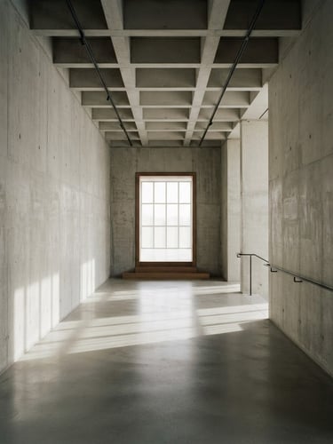 Straight-on one-point perspective of a minimalist concrete interior, soft diffused daylight casting long shadows on raw materials, neutral tones, 80mm medium format architectural photograph