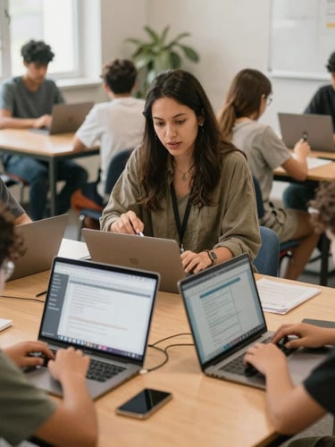A medium shot of an active, warm learning environment where a local educator is guiding students through a digital literacy workshop, natural diffused daylight, authentic documentary style.