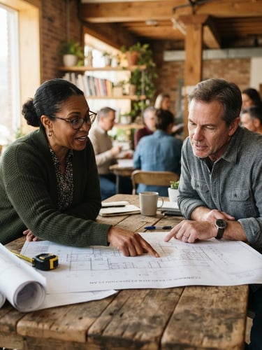 A medium shot of two community leaders in a warm, sunlit room, looking over architectural blueprints on a rustic wooden table, authentic documentary style, rich earthy tones.