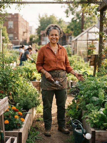 A medium environmental portrait of a female community leader standing in a sunlit urban garden, warm diffused daylight, rich earthy tones, authentic documentary style.