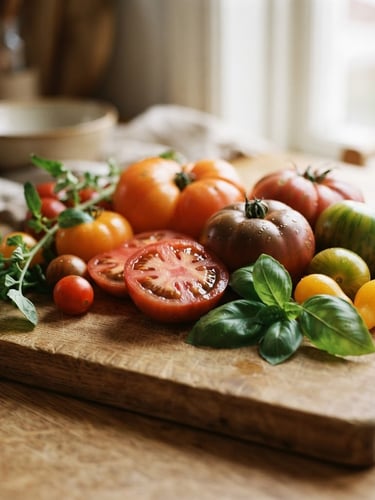 Close-up of fresh, vibrant heirloom tomatoes and basil on a wooden cutting board, soft Scandinavian daylight, rich crimson and forest green tones, shallow depth of field, 35mm film, wide panoramic frame.