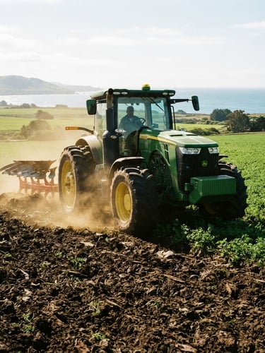 Vista heroica de un tractor moderno arando un campo verde bajo el sol brillante de la costa de Santa Elena, con polvo levantándose sutilmente, ángulo bajo.