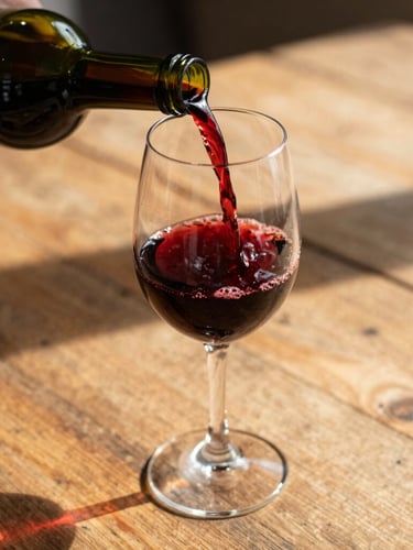 Close-up of a hand pouring deep red wine into a glass on a rustic wooden table, warm golden-hour natural light, soft shadows, editorial photography style