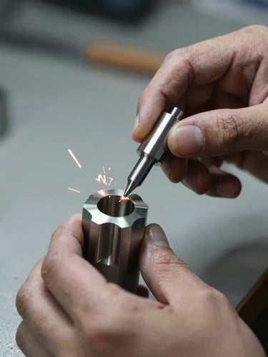 Close-up of a skilled artisan's hands inspecting a precision-milled metal component on a clean workbench, high-contrast industrial lighting, cool steel tones, macro depth of field.