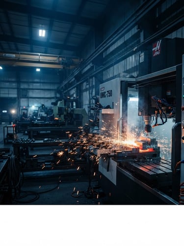 Wide panoramic shot of a modern industrial workshop, CNC milling machine head carving steel with sparks, dramatic shadows, cool blue tones, and warm orange accents.