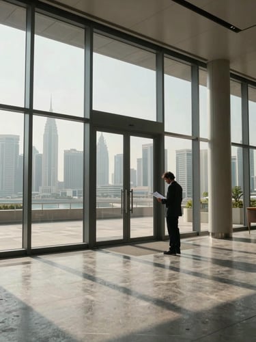 Wide environmental shot from a high-rise building entrance in Dubai, a single figure standing at floor-to-ceiling glass doors reviewing printed documents, natural east-facing morning light casting long shadows across polished concrete floors, Dubai skyline visible through glass in the background, architectural detail sharp and unembellished