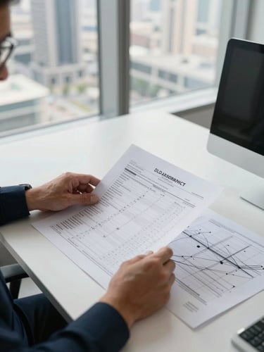 Wide environmental shot of a consultant at a desk reviewing printed DLD transaction maps and price charts in a Dubai office, natural north-facing window light, architectural floor plan visible to one side, no faces shown — hands and documents in focus