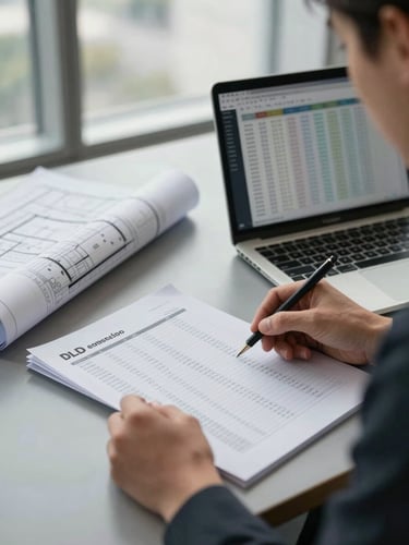 Close-up of a consultant's hands at a wide desk reviewing printed DLD transaction data sheets, a laptop open with a price-per-sqft comparison chart visible on screen, natural north-facing daylight from a tall office window, architectural floor plan rolled to the side, warm gray desk surface, no people visible above the wrists