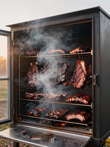 Wide shot of a professional smokehouse door swung open, revealing rows of oak-smoked briskets and ribs on iron grates, thick white smoke billowing outward, warm amber morning light pouring in from the left, close environmental framing showing the scale of the operation
