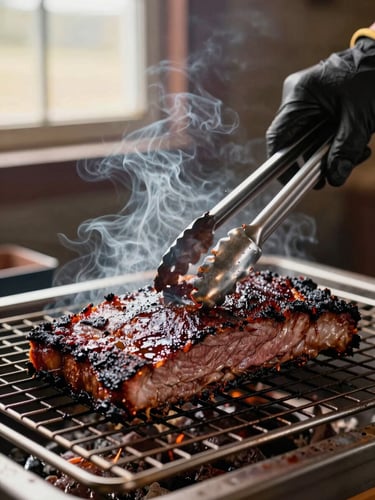 Extreme close-up of a pitmaster's gloved hands using metal tongs to lift a smoked brisket from a steel rack, smoke curling upward, deep mahogany crust visible, warm working light from a smokehouse window